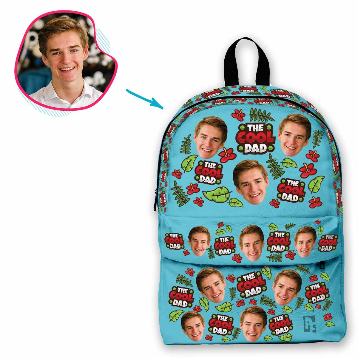 blue The Cool Dad classic backpack personalized with photo of face printed on it