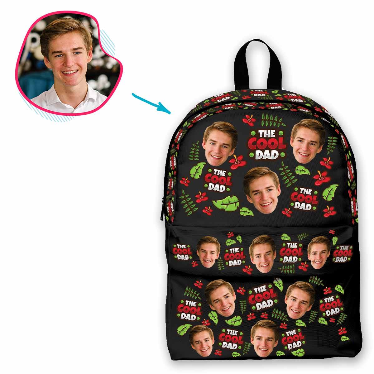 dark The Cool Dad classic backpack personalized with photo of face printed on it
