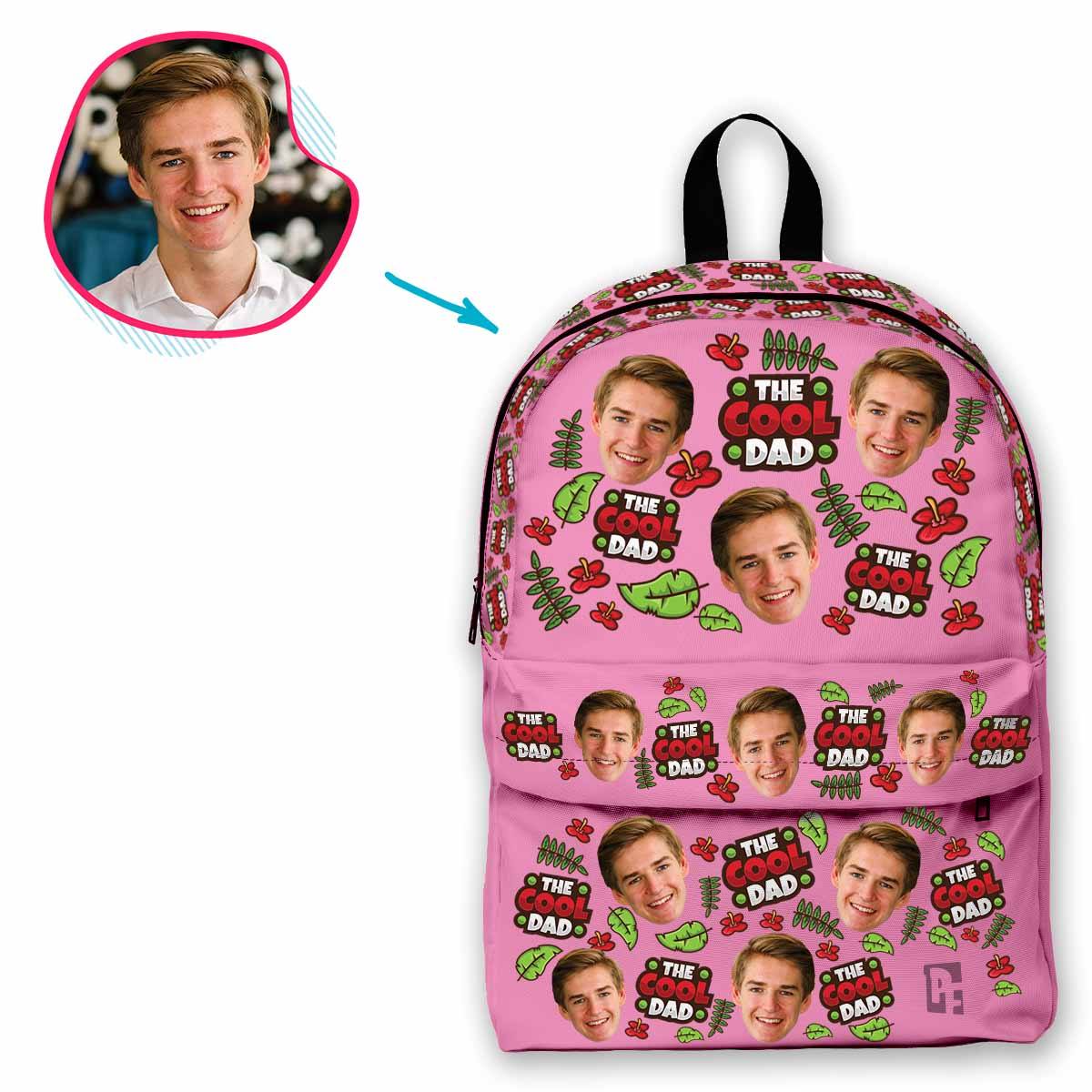 pink The Cool Dad classic backpack personalized with photo of face printed on it