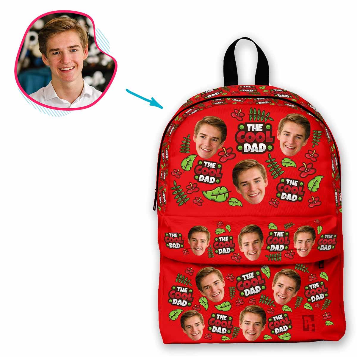 red The Cool Dad classic backpack personalized with photo of face printed on it