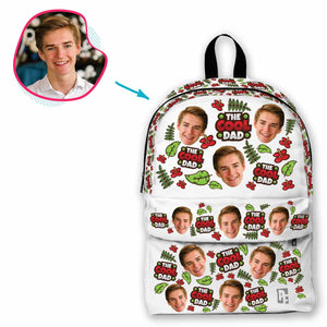 white The Cool Dad classic backpack personalized with photo of face printed on it
