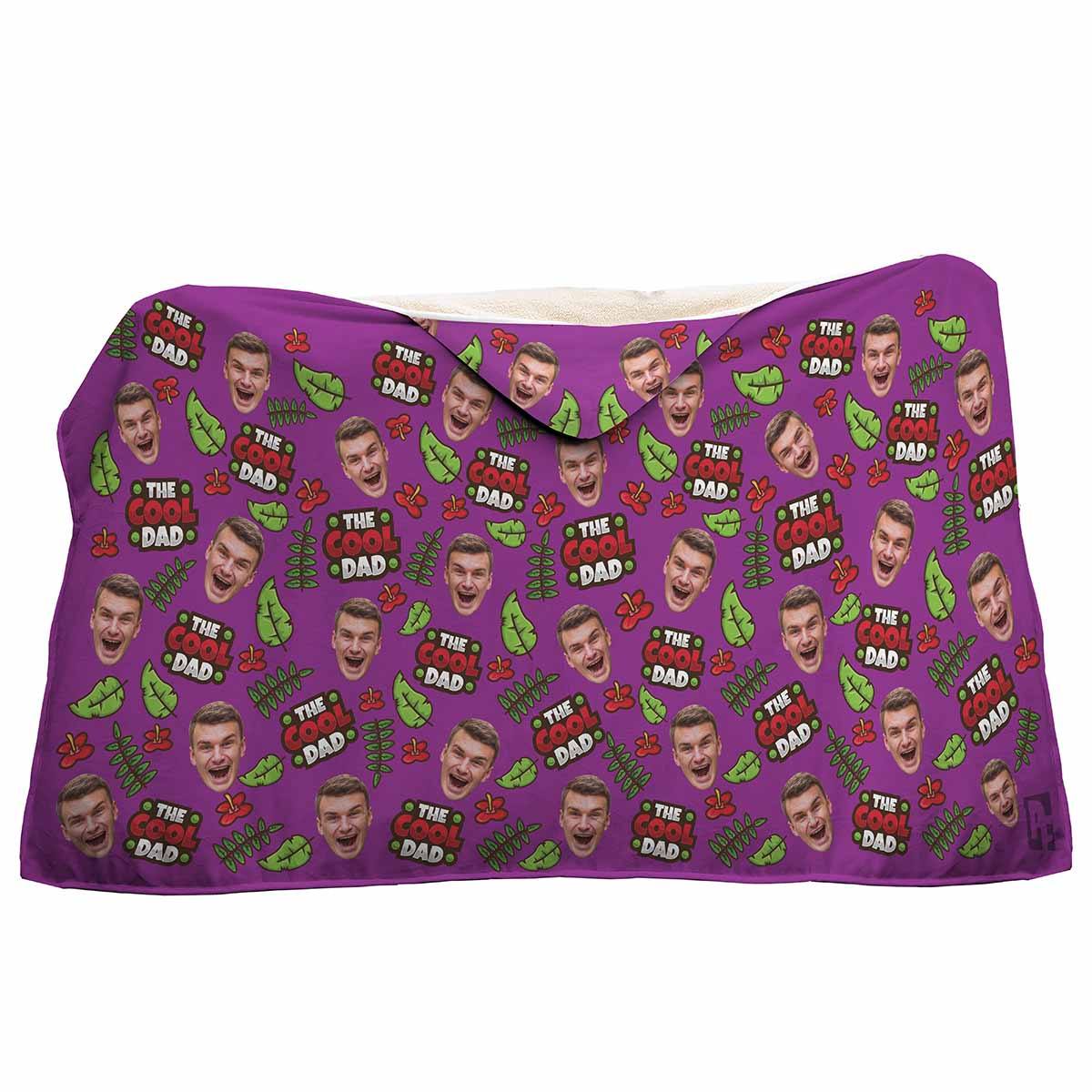 purple The Cool Dad hooded blanket personalized with photo of face printed on it