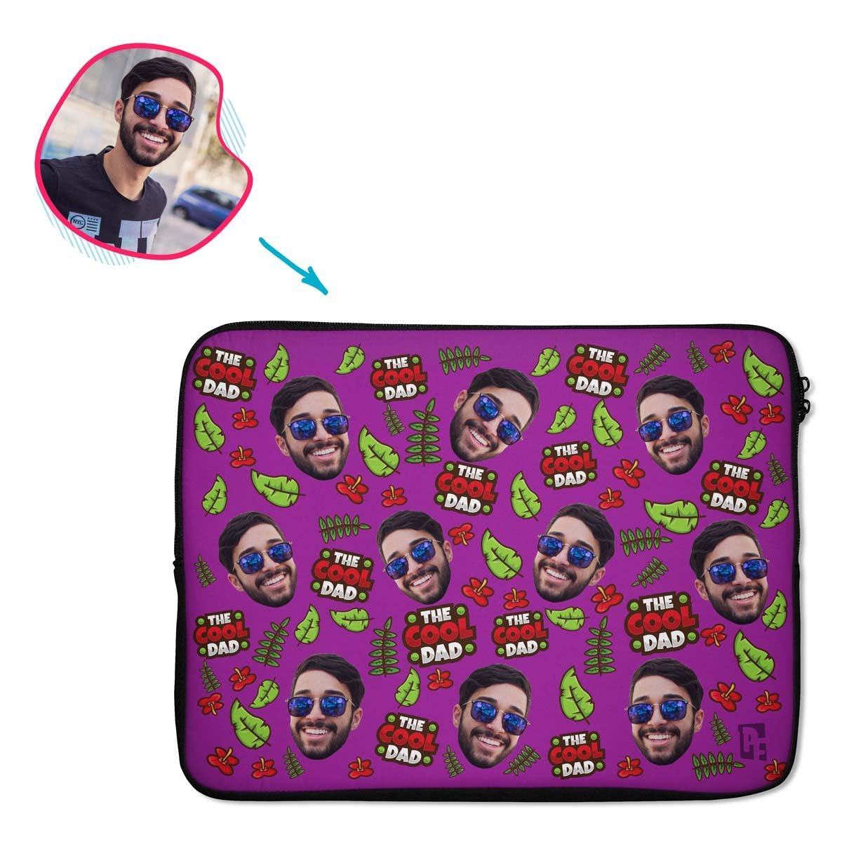 purple The Cool Dad laptop sleeve personalized with photo of face printed on them