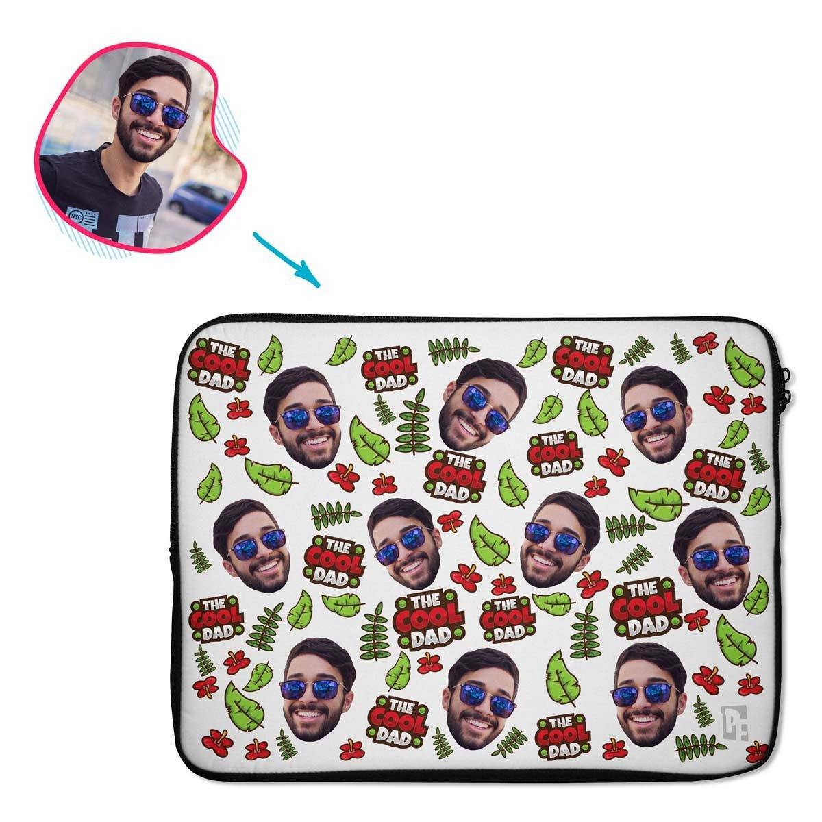 white The Cool Dad laptop sleeve personalized with photo of face printed on them