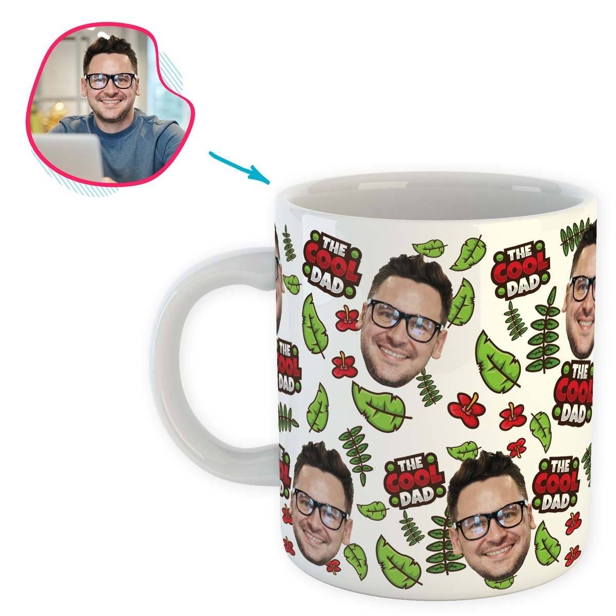 white The Cool Dad mug personalized with photo of face printed on it