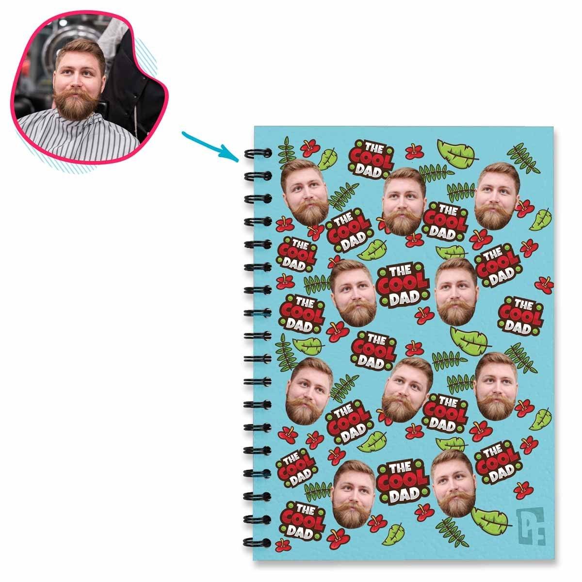 blue The Cool Dad Notebook personalized with photo of face printed on them
