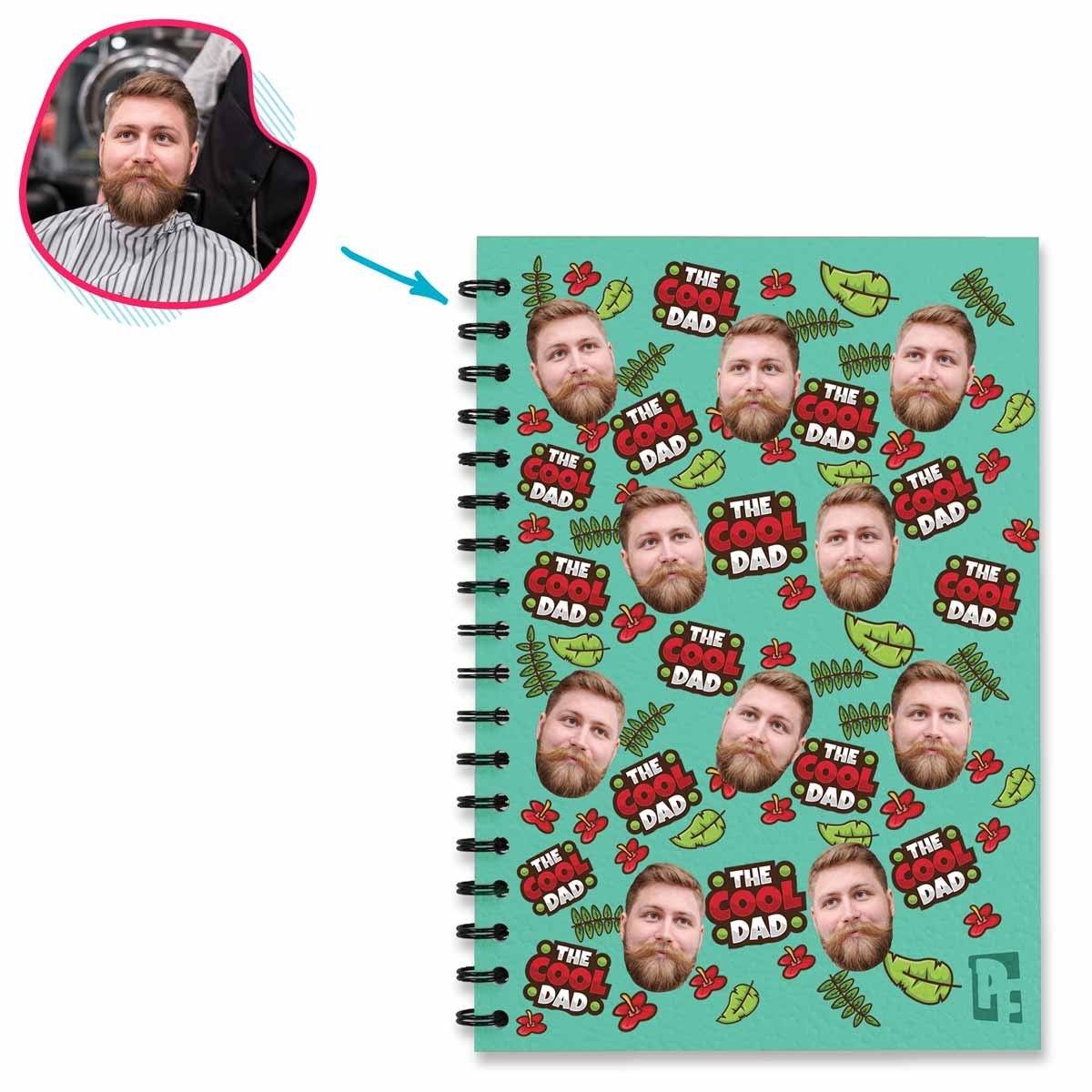 mint The Cool Dad Notebook personalized with photo of face printed on them