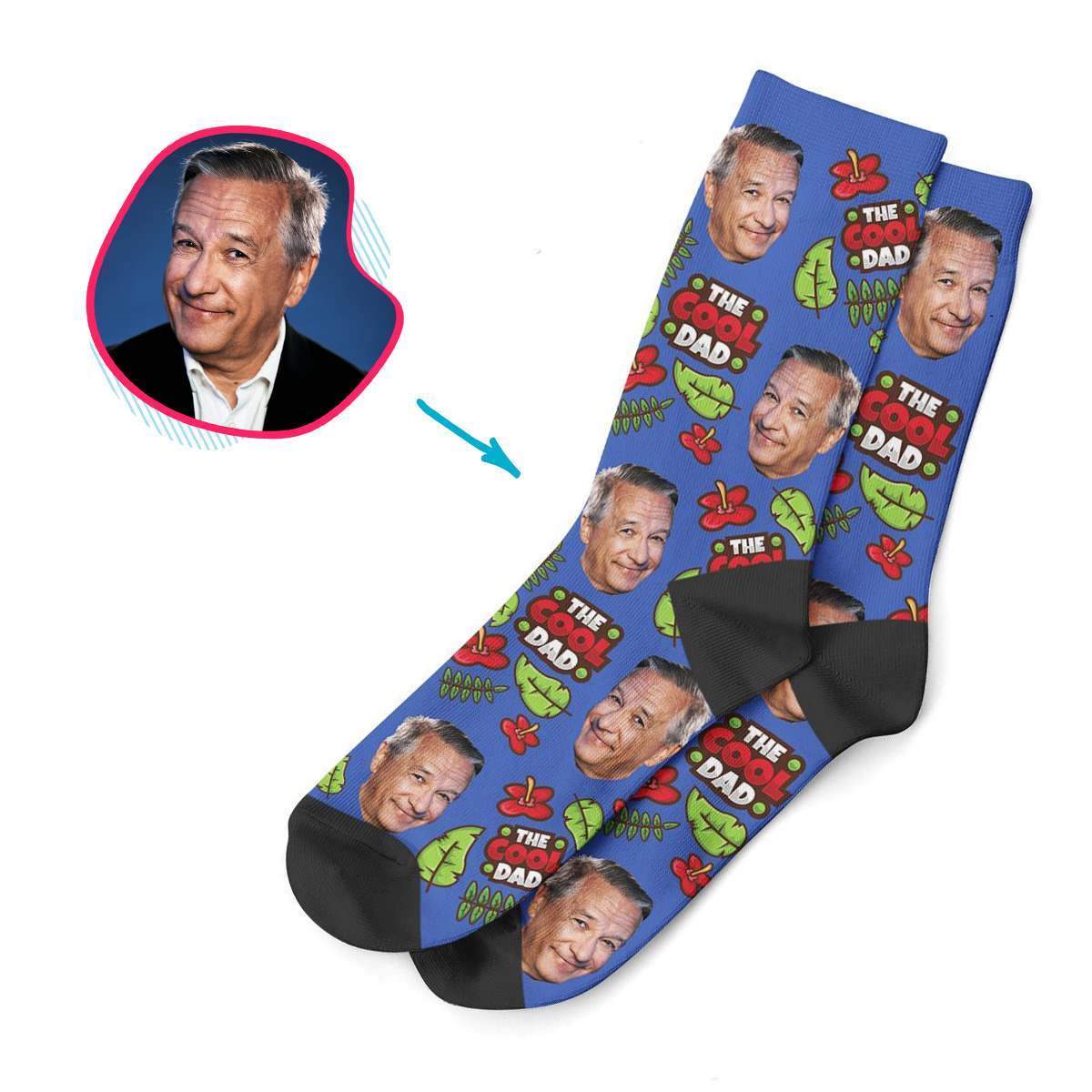 darkblue The Cool Dad socks personalized with photo of face printed on them