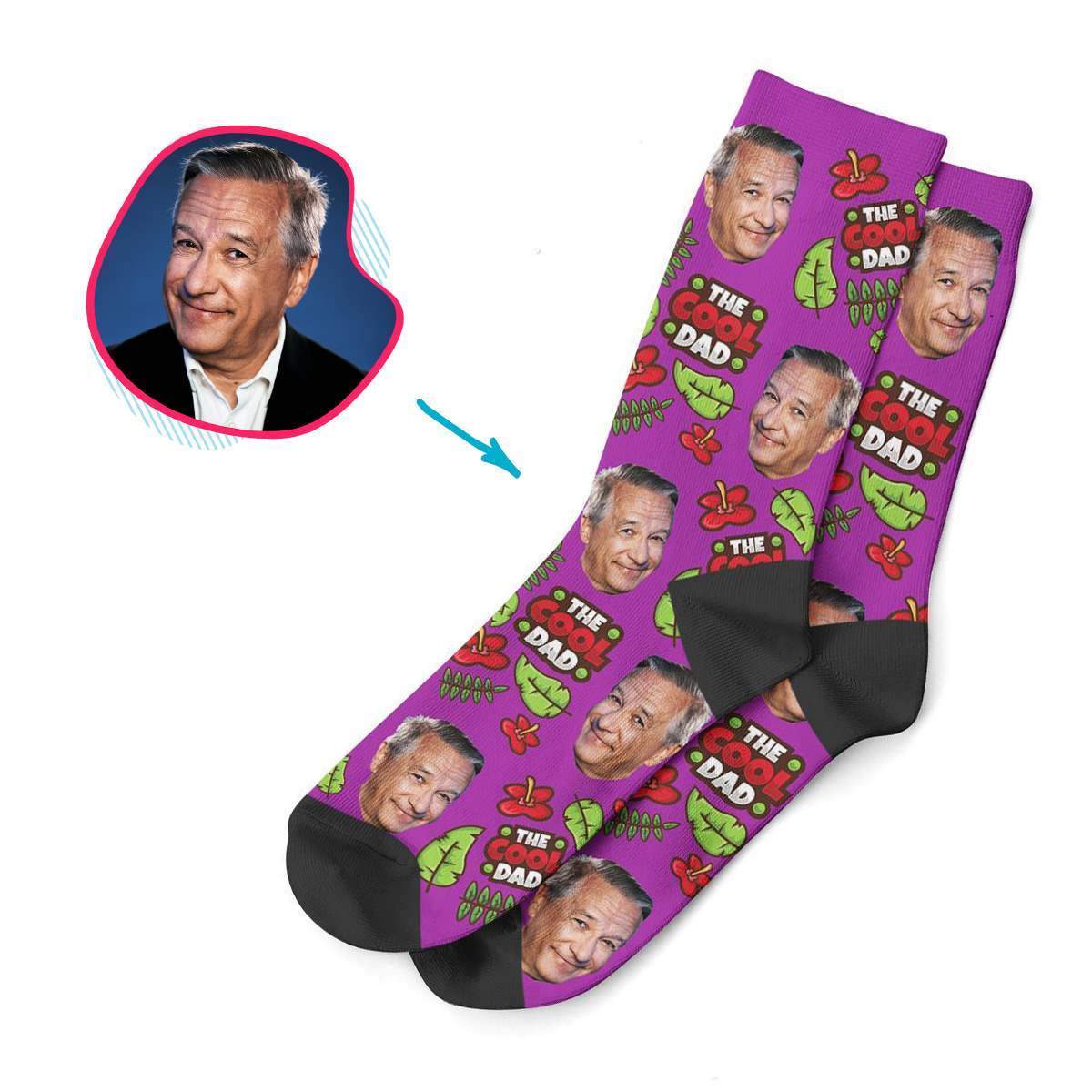 purple The Cool Dad socks personalized with photo of face printed on them