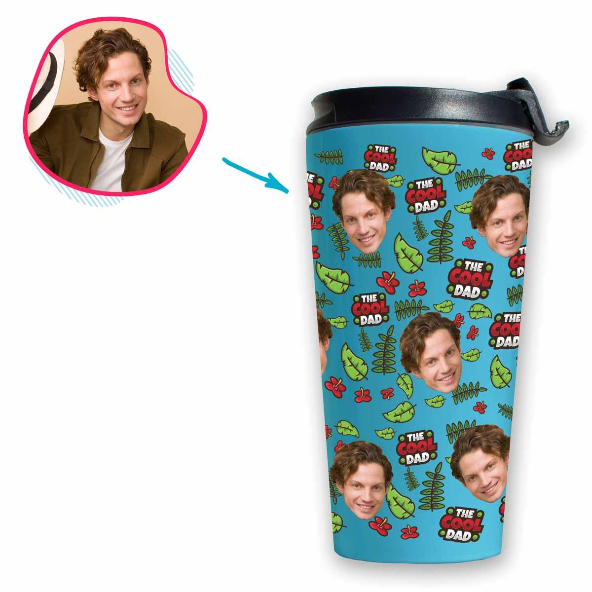 blue The Cool Dad travel mug personalized with photo of face printed on it