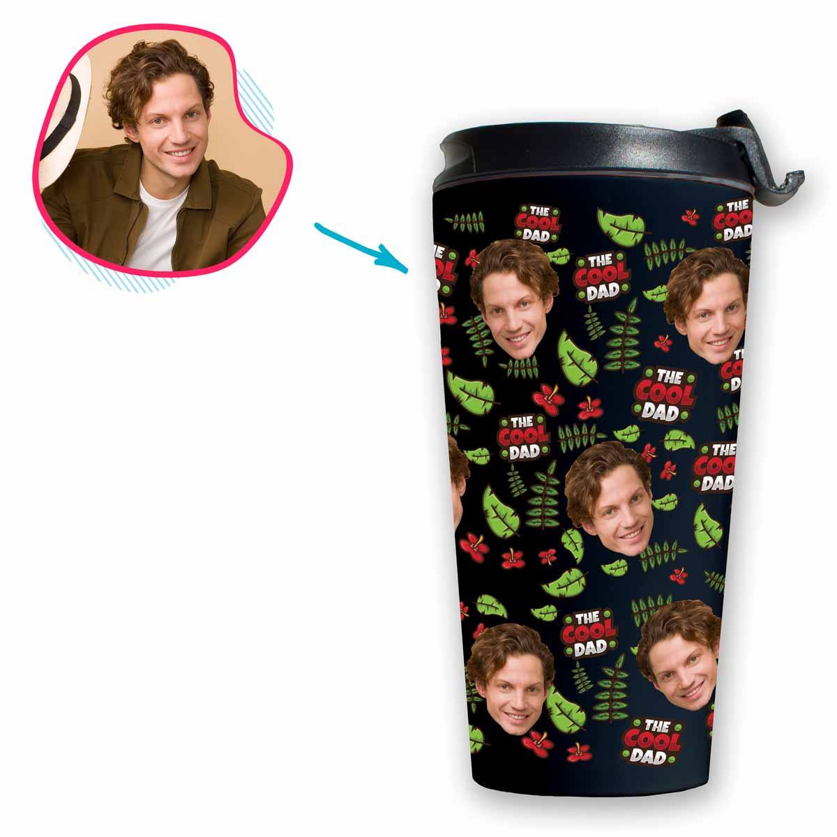 dark The Cool Dad travel mug personalized with photo of face printed on it