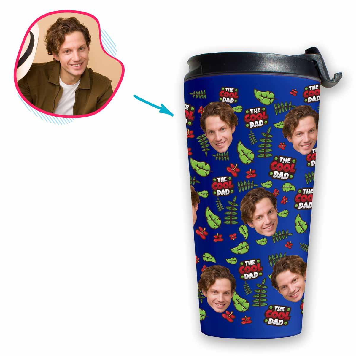 darkblue The Cool Dad travel mug personalized with photo of face printed on it