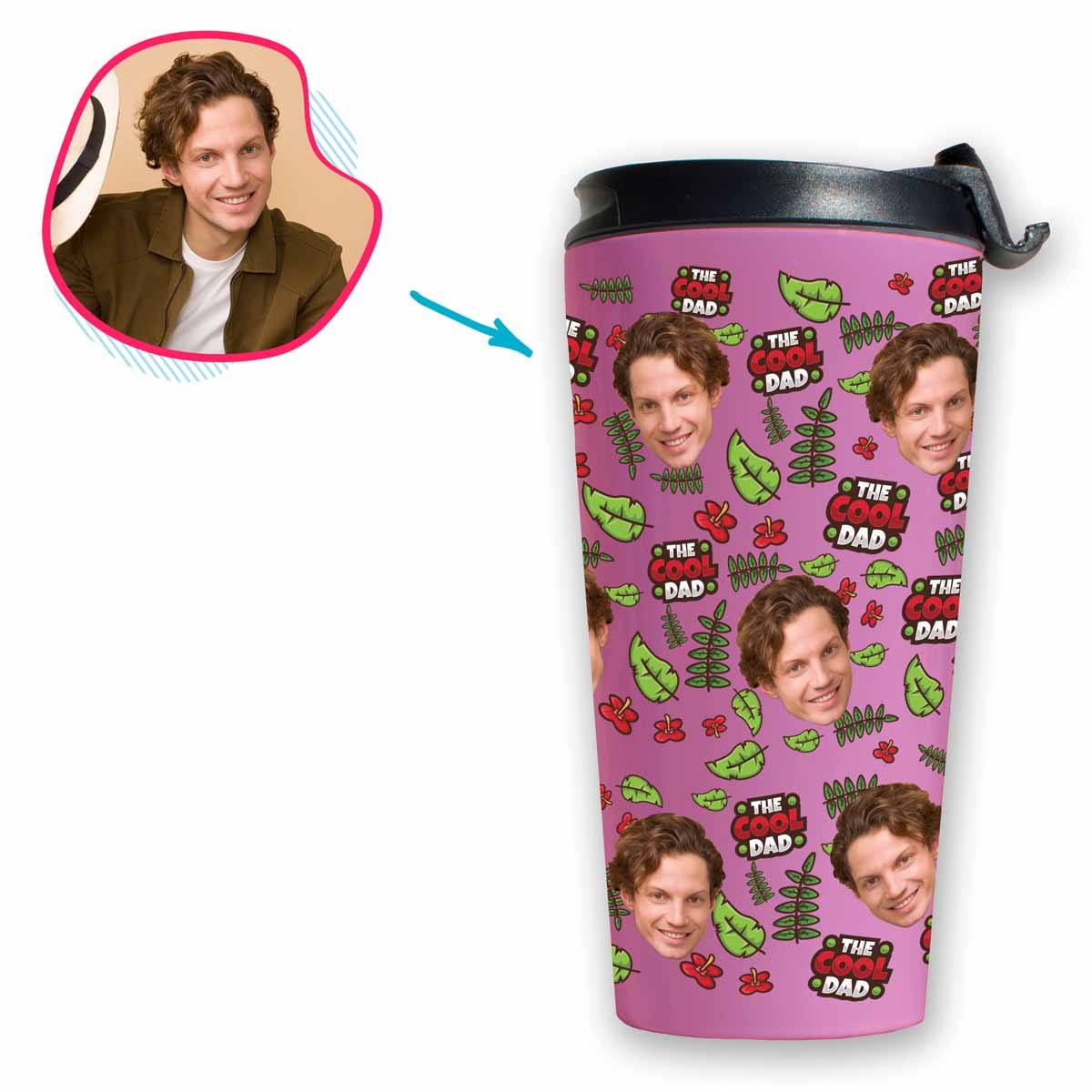 pink The Cool Dad travel mug personalized with photo of face printed on it