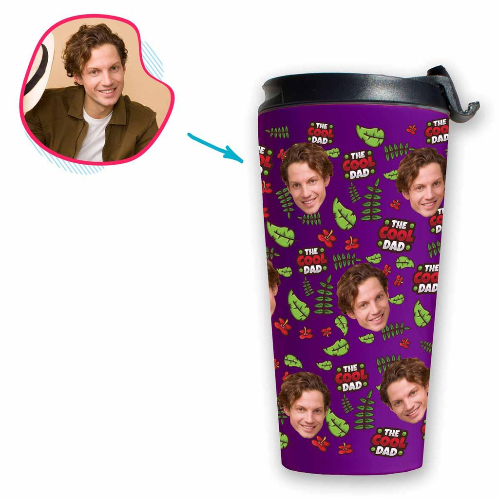 purple The Cool Dad travel mug personalized with photo of face printed on it