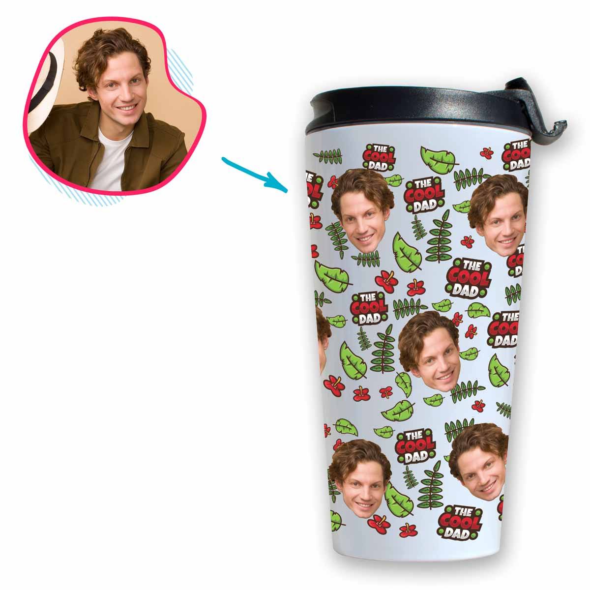 white The Cool Dad travel mug personalized with photo of face printed on it