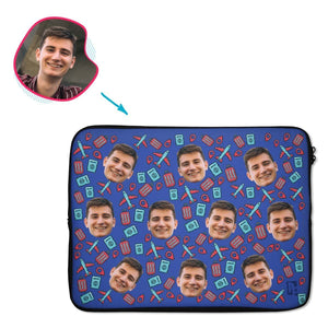 darkblue Traveler laptop sleeve personalized with photo of face printed on them