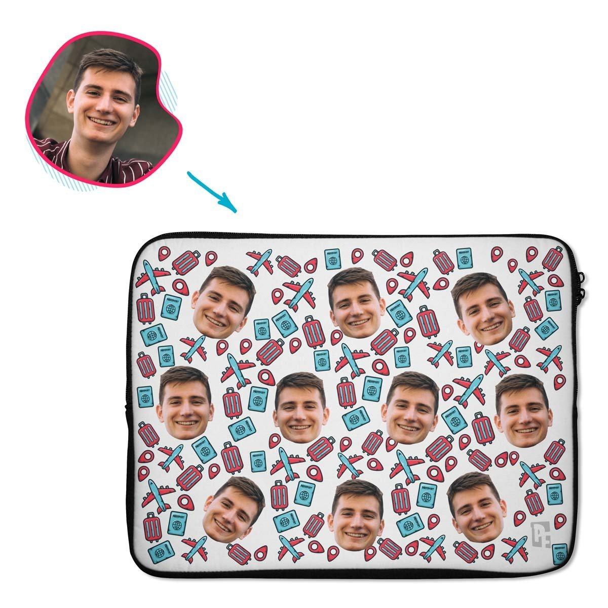 white Traveler laptop sleeve personalized with photo of face printed on them