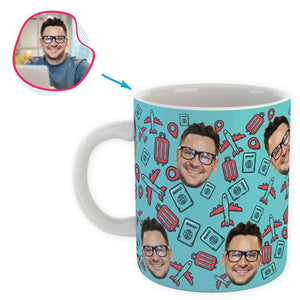 blue Traveler mug personalized with photo of face printed on it