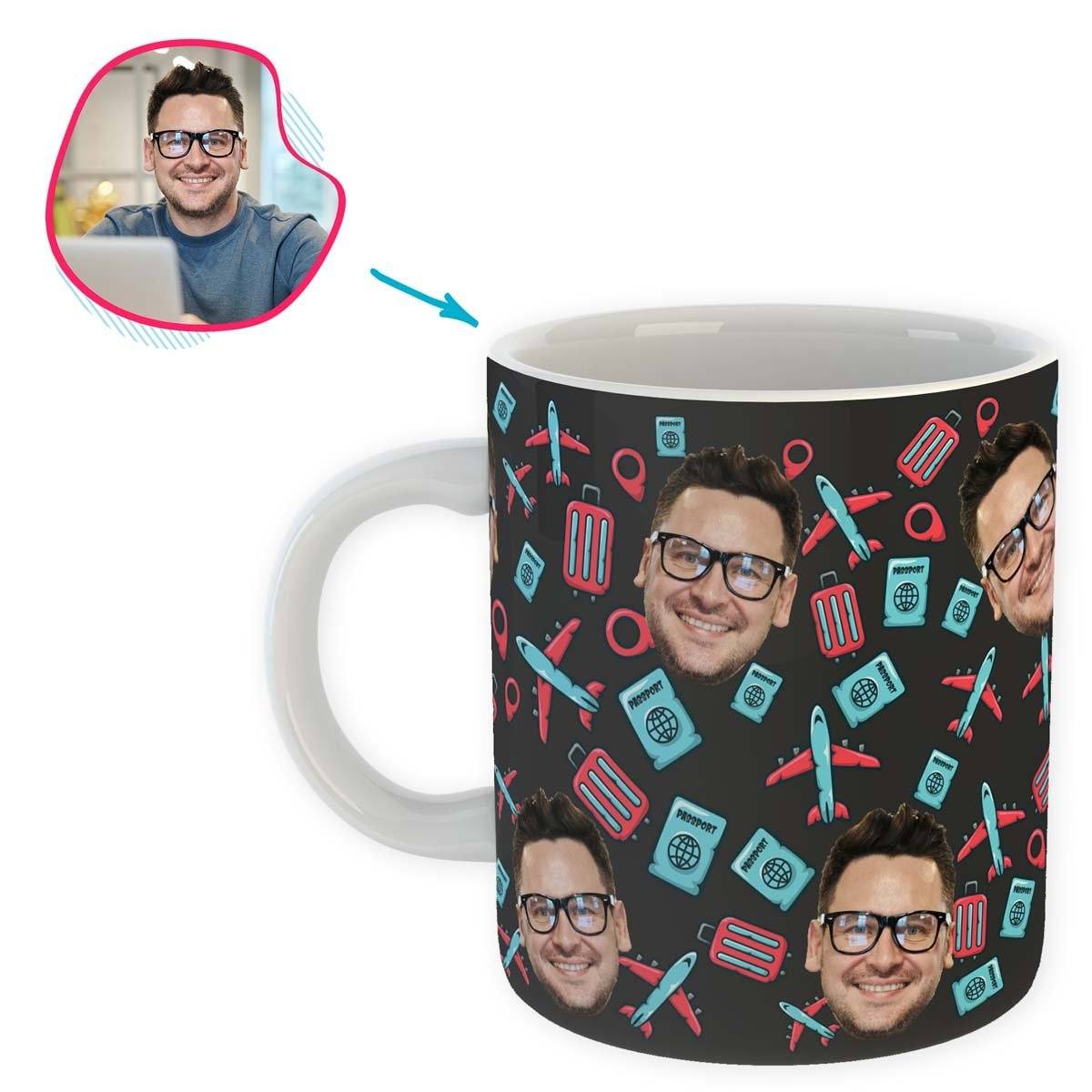dark Traveler mug personalized with photo of face printed on it