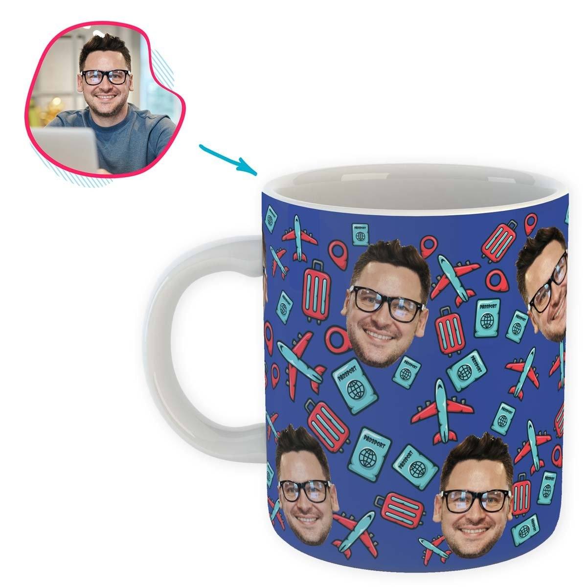 darkblue Traveler mug personalized with photo of face printed on it