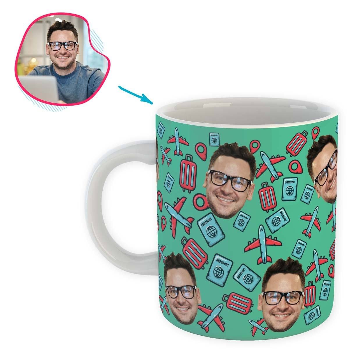 mint Traveler mug personalized with photo of face printed on it