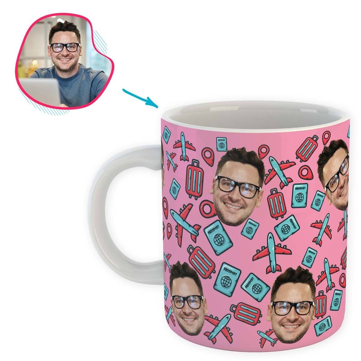 pink Traveler mug personalized with photo of face printed on it