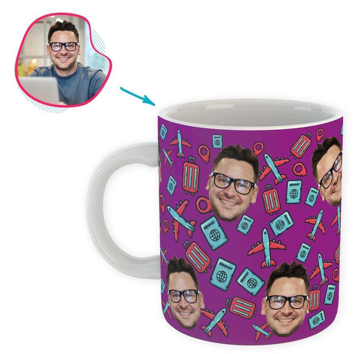 purple Traveler mug personalized with photo of face printed on it