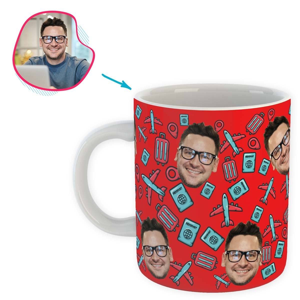 red Traveler mug personalized with photo of face printed on it