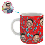 Load image into Gallery viewer, red Traveler mug personalized with photo of face printed on it
