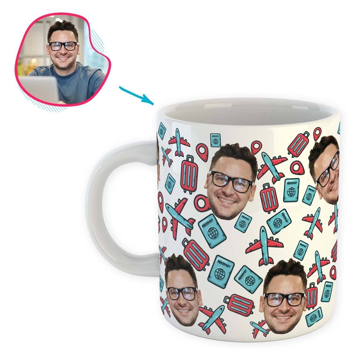 white Traveler mug personalized with photo of face printed on it