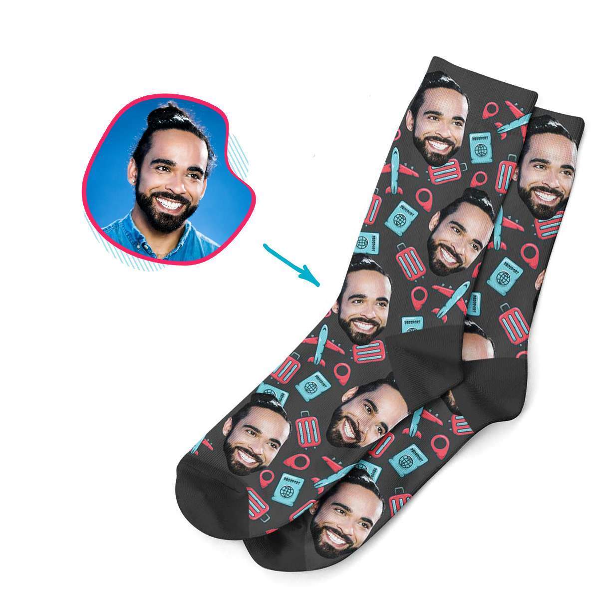 dark Traveler socks personalized with photo of face printed on them