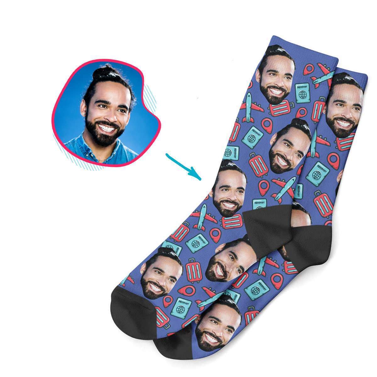 darkblue Traveler socks personalized with photo of face printed on them