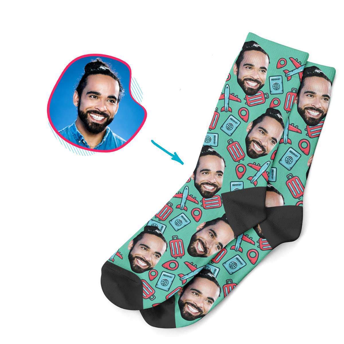 mint Traveler socks personalized with photo of face printed on them