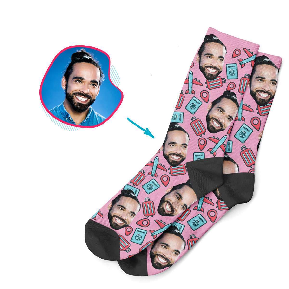 pink Traveler socks personalized with photo of face printed on them