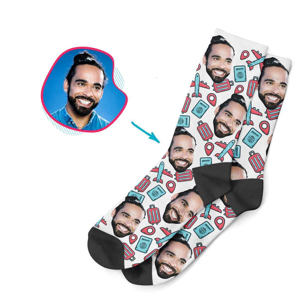 white Traveler socks personalized with photo of face printed on them