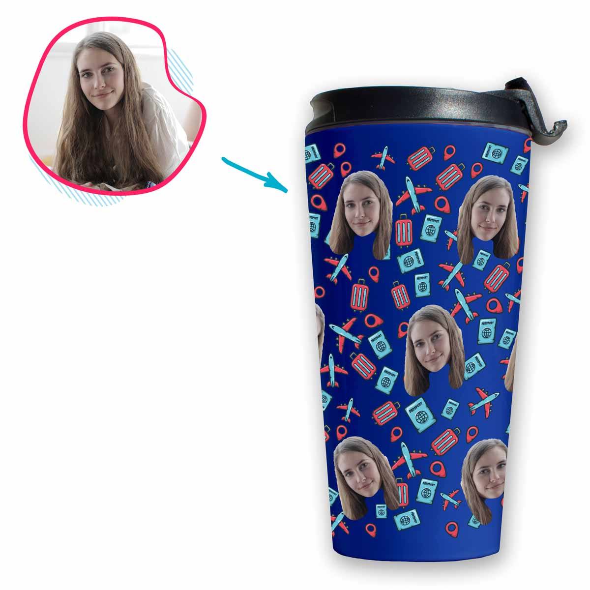 darkblue Traveler travel mug personalized with photo of face printed on it