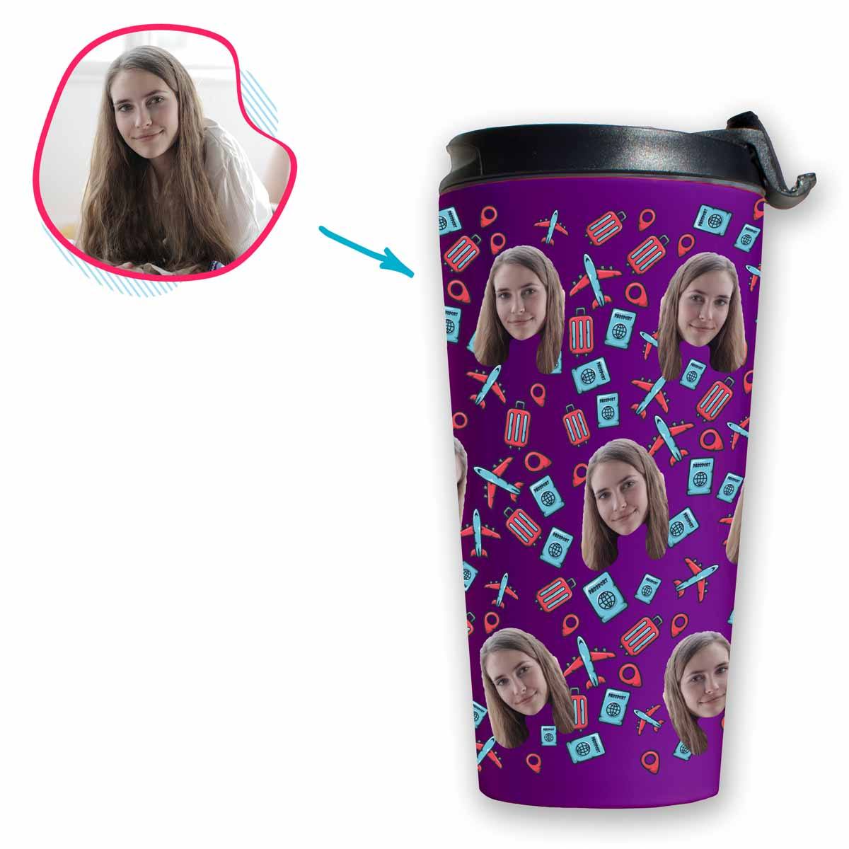 purple Traveler travel mug personalized with photo of face printed on it