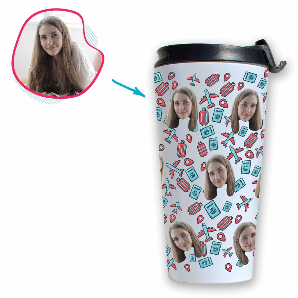white Traveler travel mug personalized with photo of face printed on it