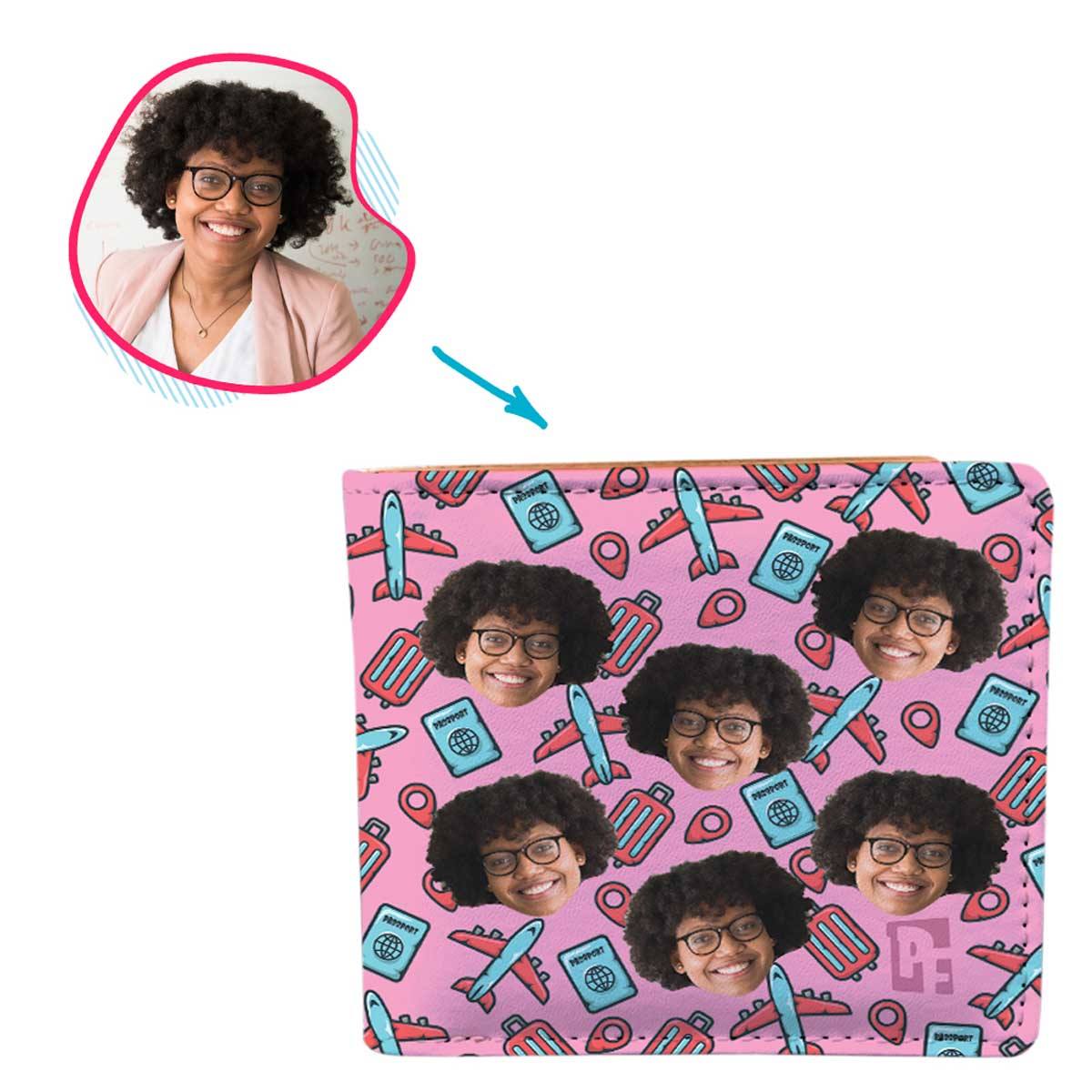 pink Traveler wallet personalized with photo of face printed on it