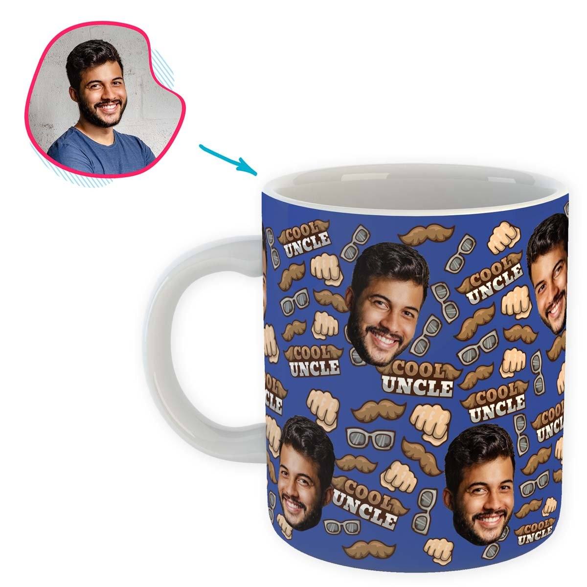 Darkblue Uncle personalized mug with photo of face printed on it