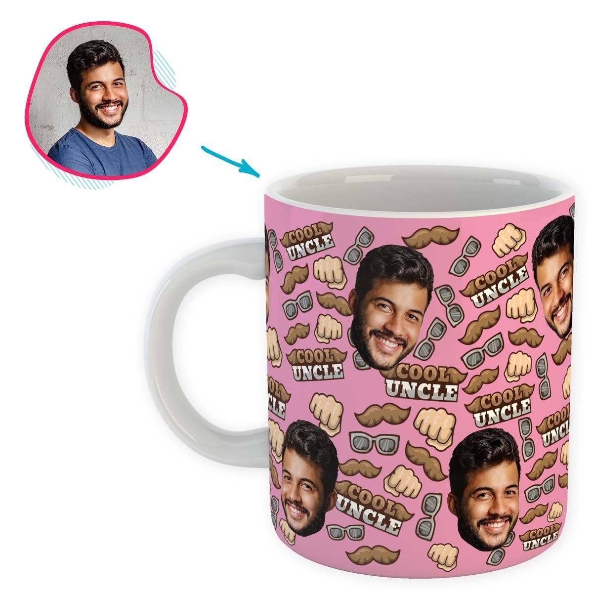 Pink Uncle personalized mug with photo of face printed on it