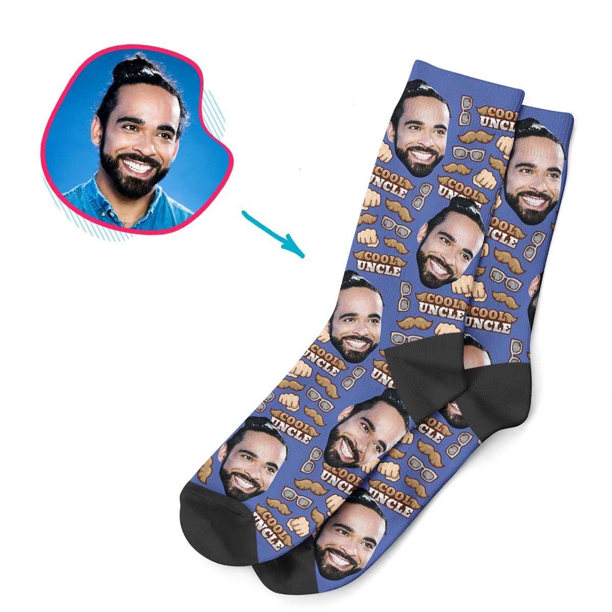 Darkblue Uncle personalized socks with photo of face printed on them