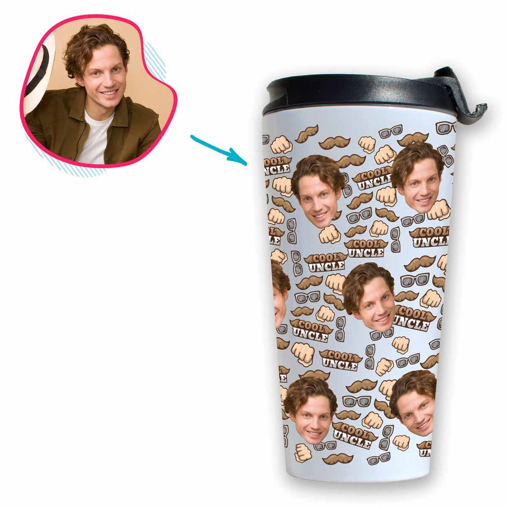 White Uncle personalized travel mug with photo of face printed on it
