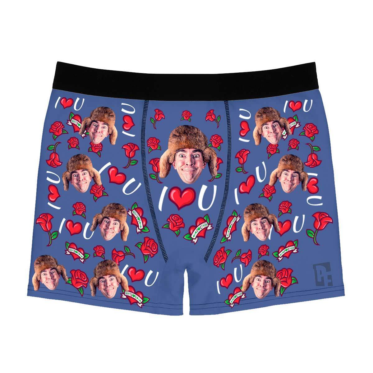 Darkblue Valentines men's boxer briefs personalized with photo printed on them