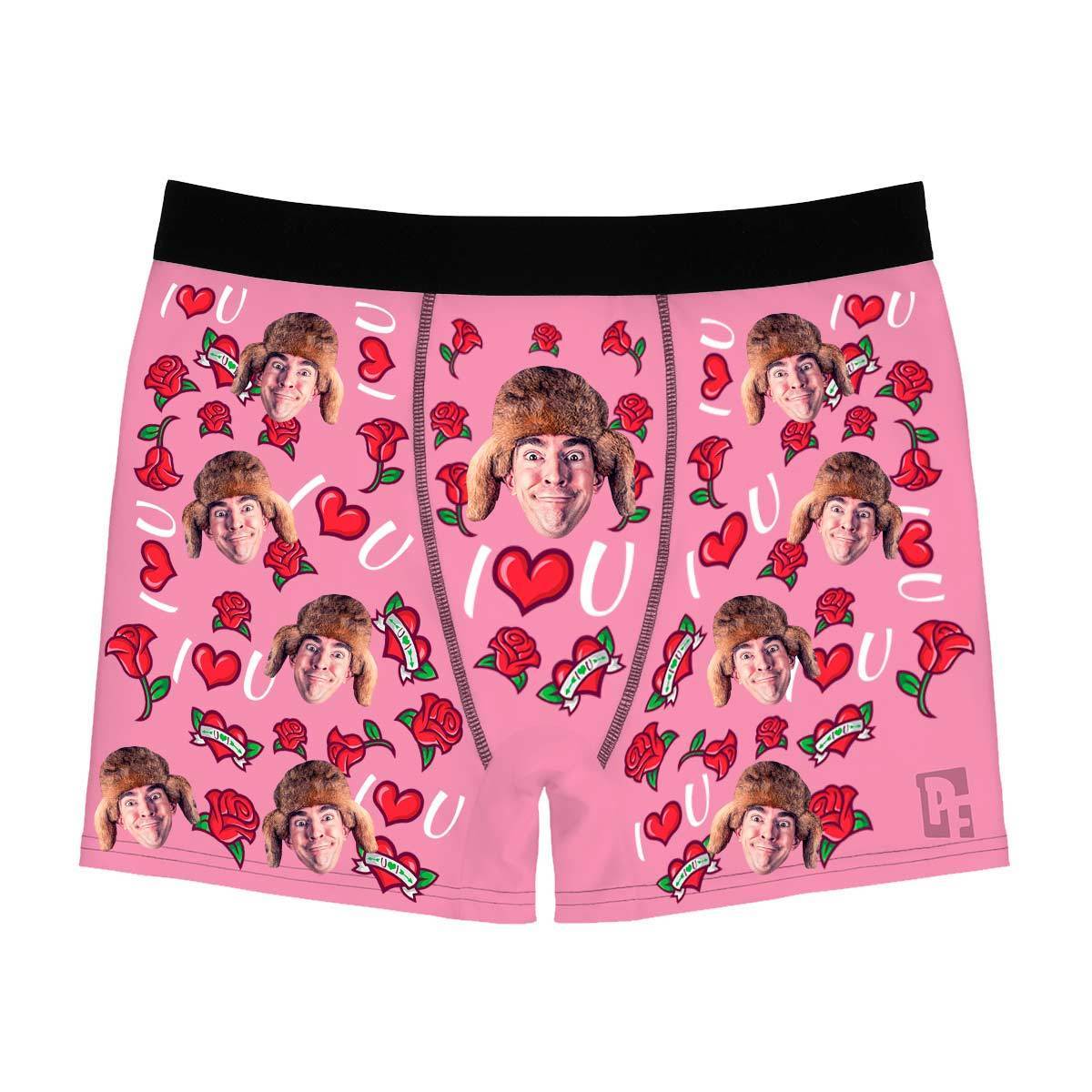 Pink Valentines men's boxer briefs personalized with photo printed on them