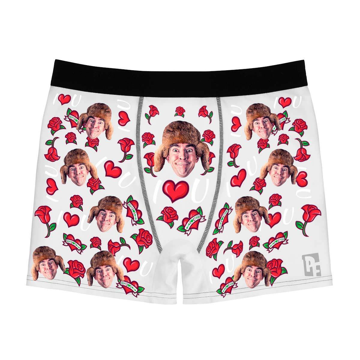 White Valentines men's boxer briefs personalized with photo printed on them