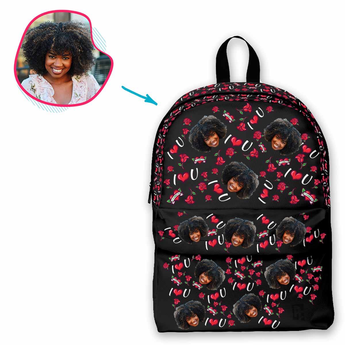 dark Valentines classic backpack personalized with photo of face printed on it