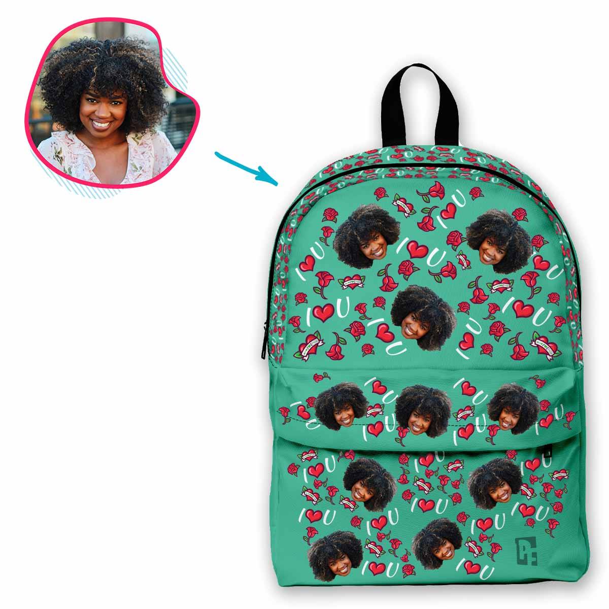 mint Valentines classic backpack personalized with photo of face printed on it