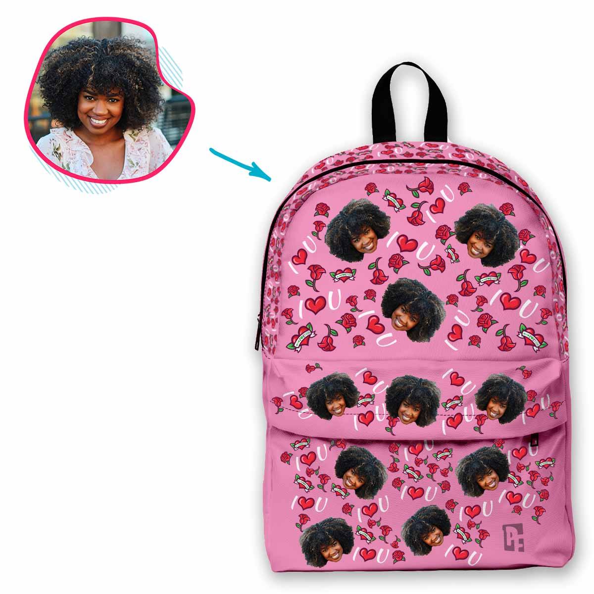 pink Valentines classic backpack personalized with photo of face printed on it