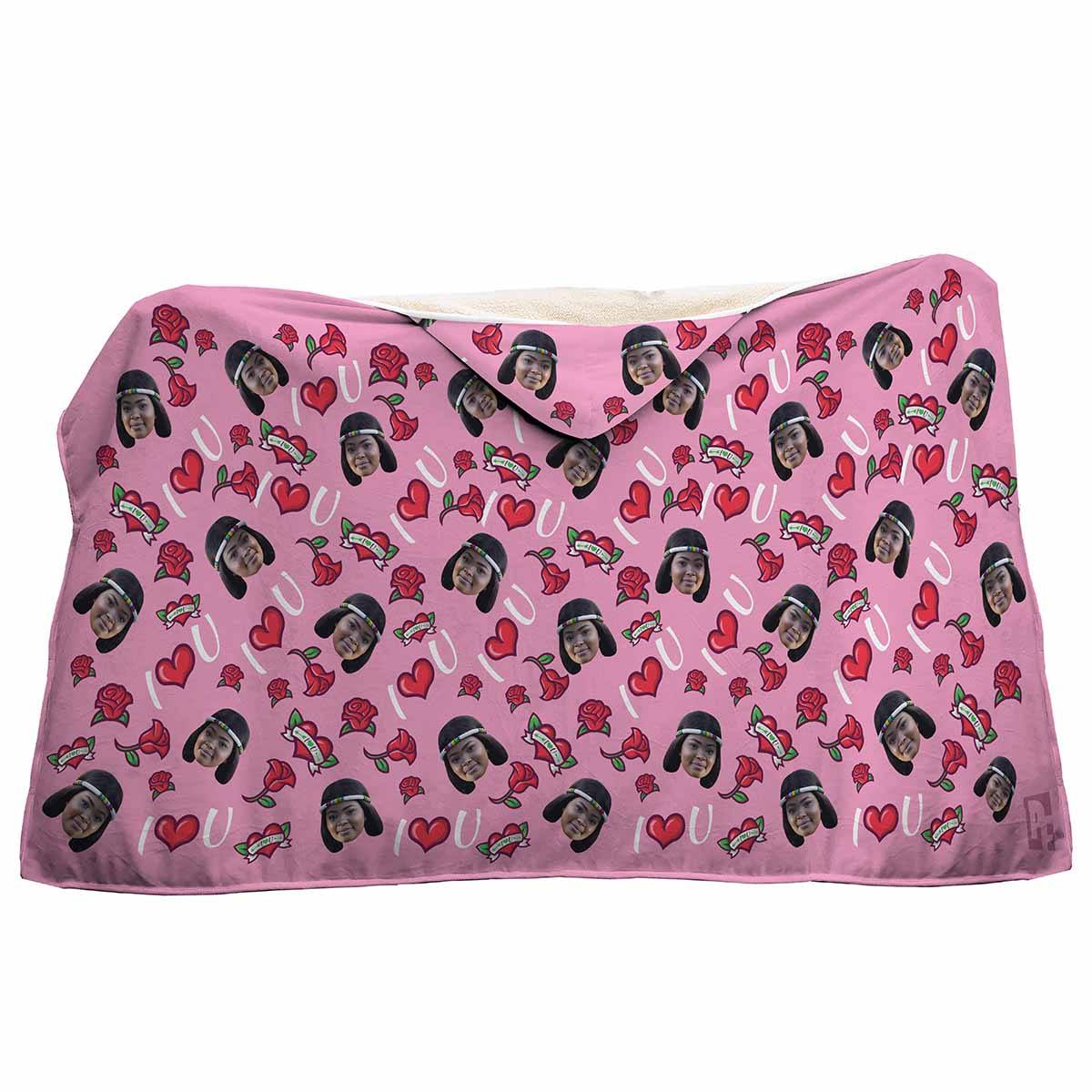 pink Valentines hooded blanket personalized with photo of face printed on it